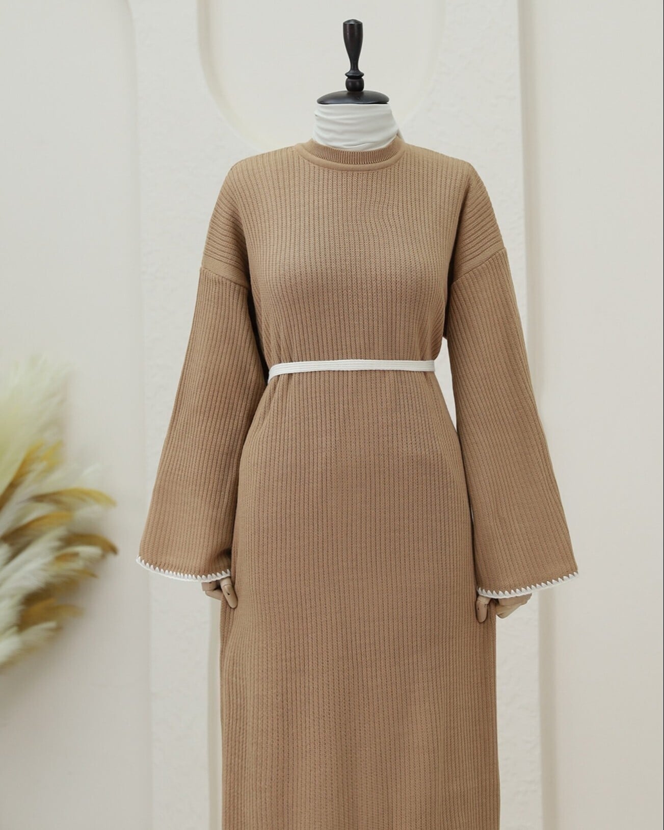 Embroidered Lace-Up Ribbed Knit Dress with Bell Sleeves - Camel Brown - Podyumplus - by Peralane - photo 4