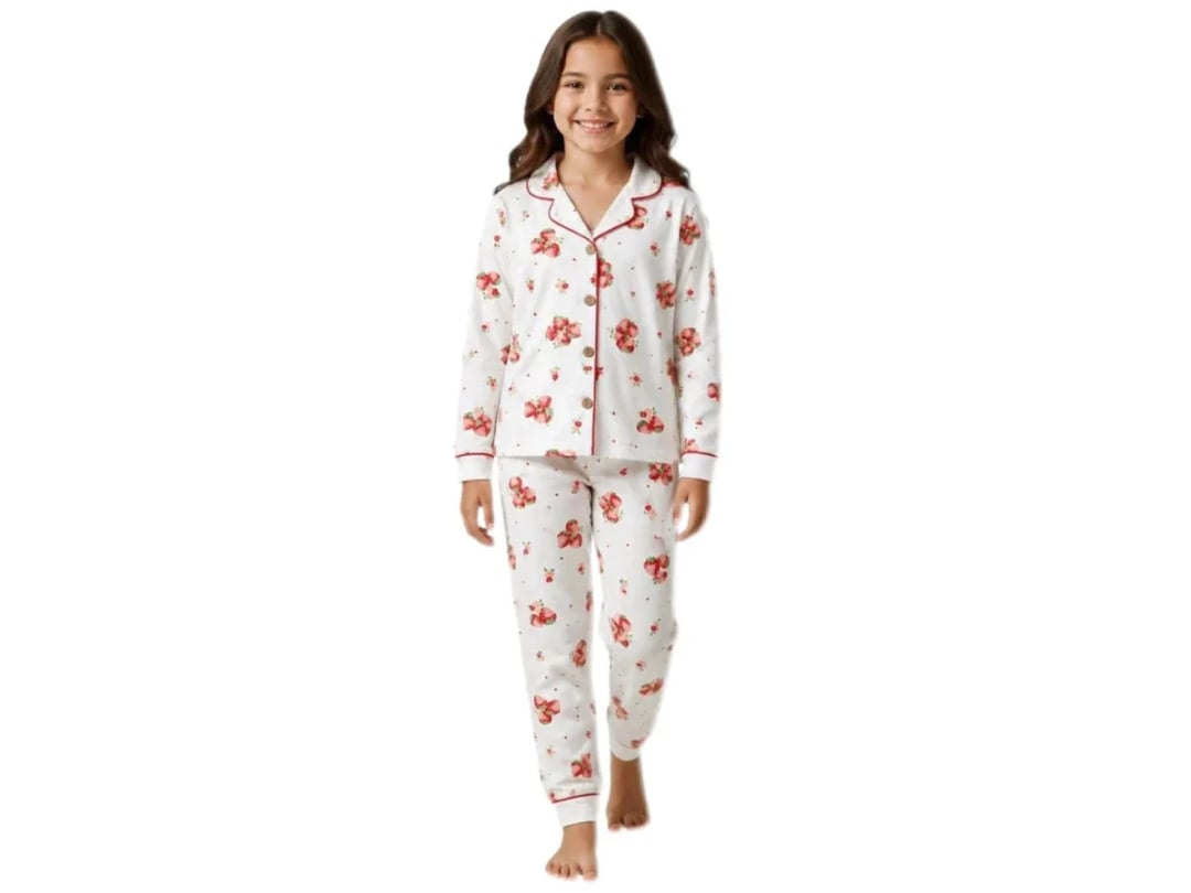 Girl's Strawberry Print Pyjama Set – White - Supermini - by Peralane