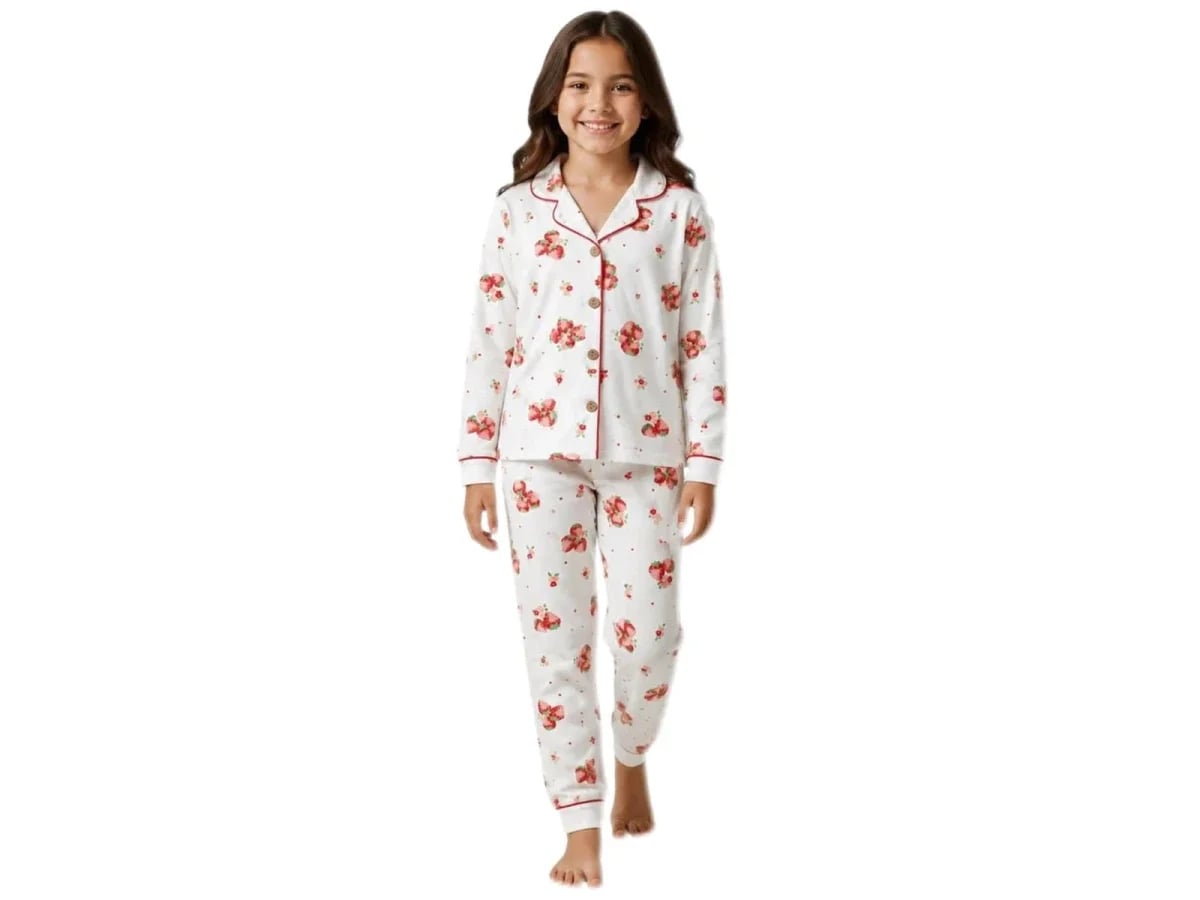Girl's Strawberry Print Pyjama Set – White - Supermini - by Peralane