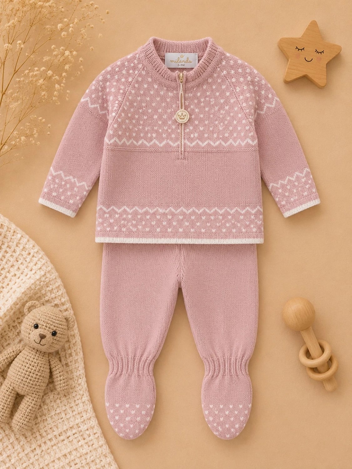 2-Piece Knitted Baby Set - Dusty Rose Pink - Has Bereket - by Peralane