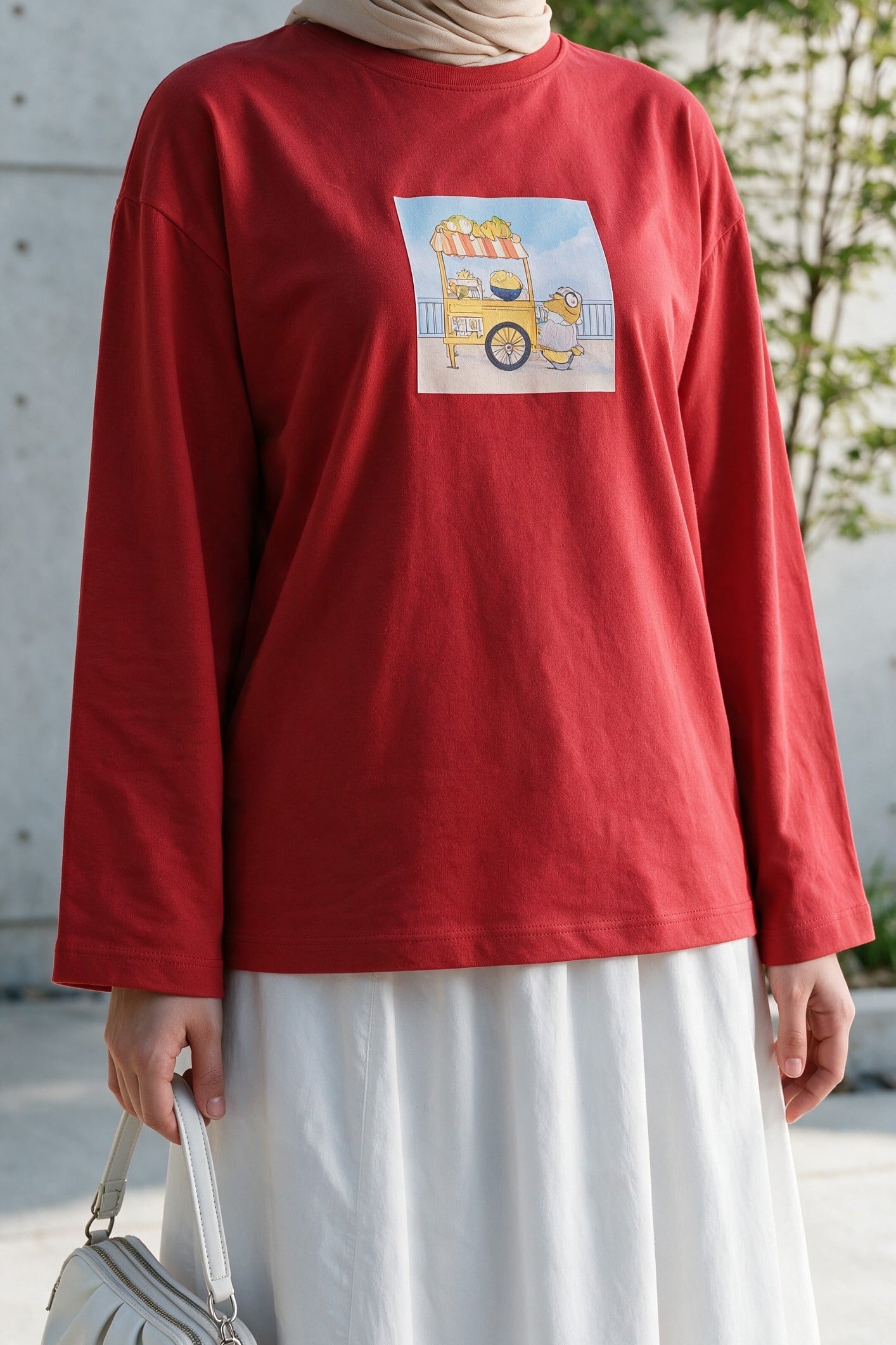 Crew Neck Printed Relaxed Cotton Sweatshirt - Red - Podyumplus - by Peralane - photo 7