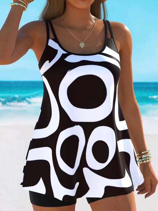 Women's Black White Print Scoop Neck One-Piece Swimsuit with Skirt Overlay and Attached Shorts - Janes - by Peralane