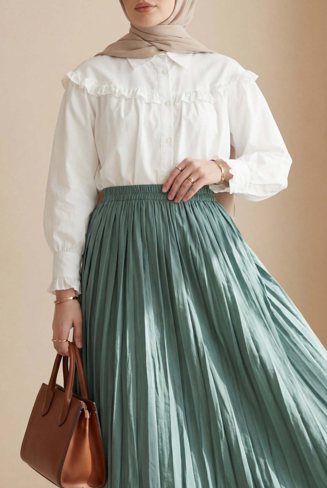 Women's High-Waisted Pleated Midi Skirt with Elastic Waistband - Muted Green - Podyumplus - by Peralane - photo 2