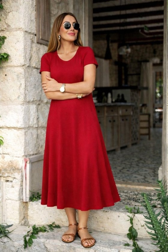Women's Short Sleeve V-Neck Slit Midi Viscose Dress in Red - Janes - by Peralane