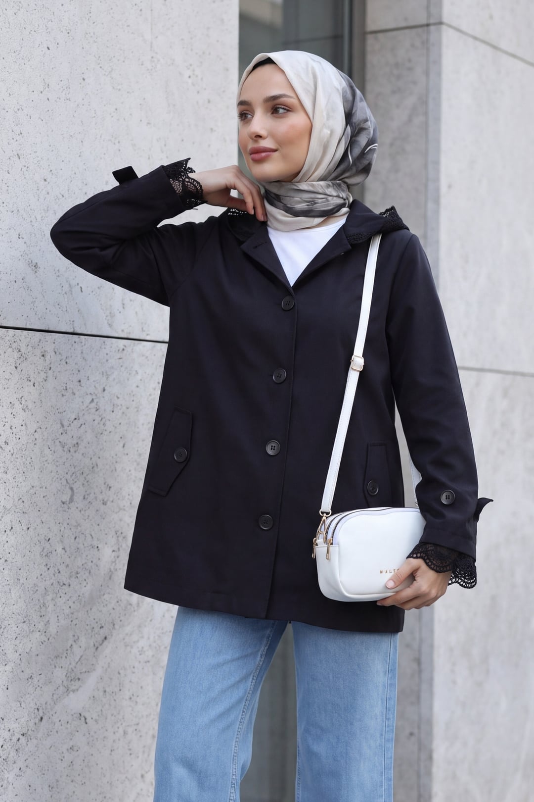 Black Jacket with Lace Trim on Sleeves and Hood - Podyumplus - by Peralane - photo 5