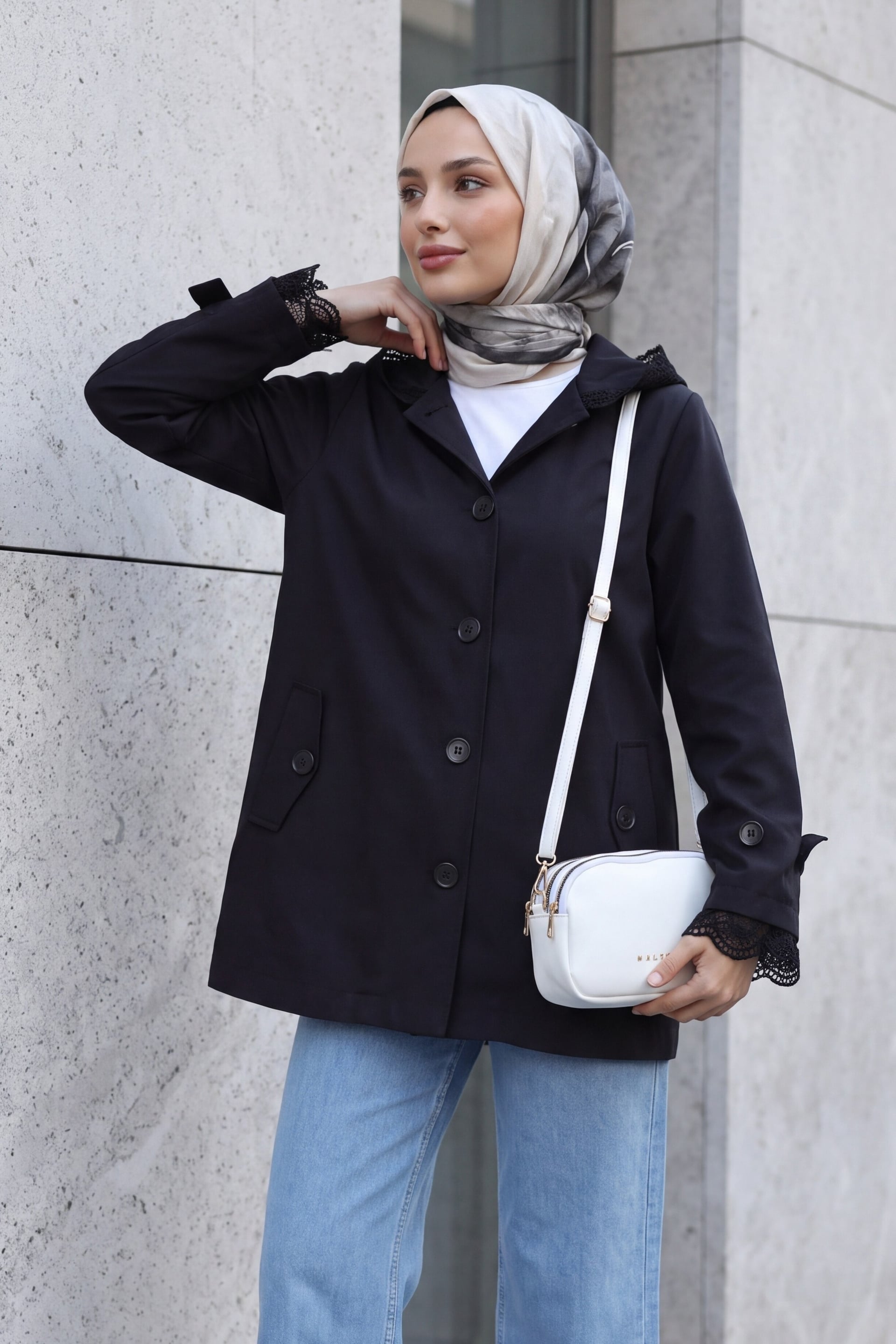 Women's Lace-Trim Hooded Button-Up Jacket with Pockets - Black - Podyumplus - by Peralane - photo 5