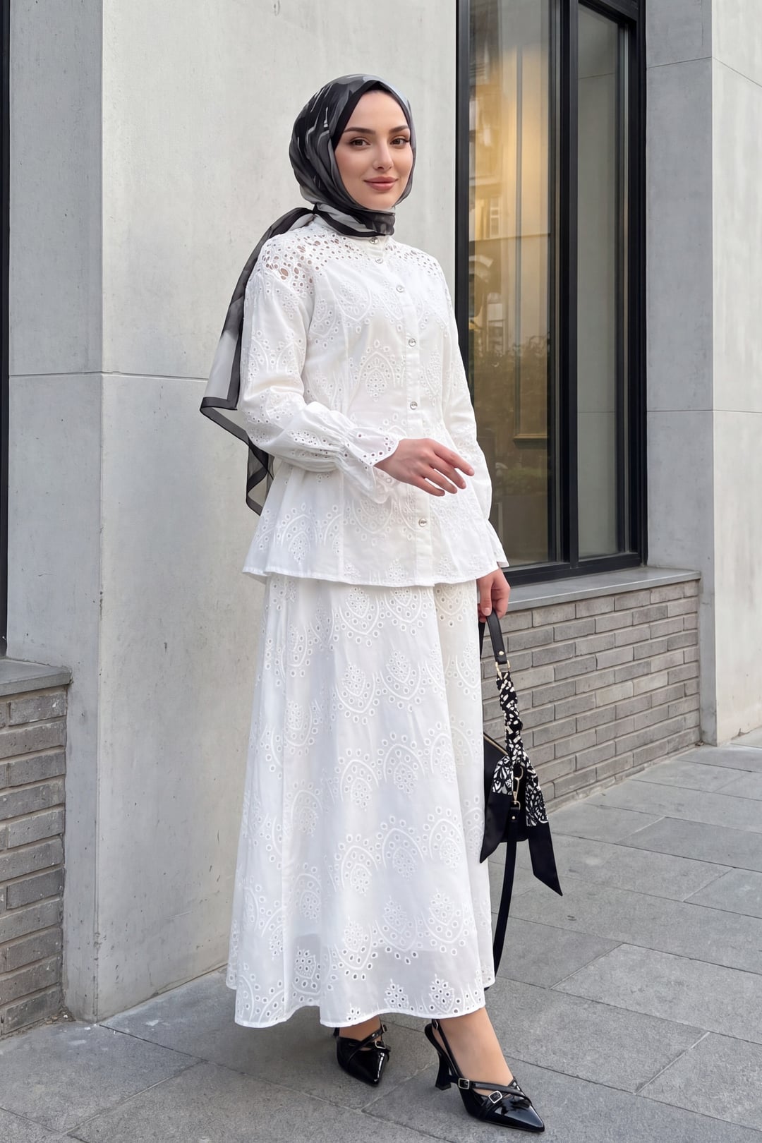 White Eyelet Modest Two-Piece Set with Blouse and Skirt - Podyumplus - by Peralane - photo 3
