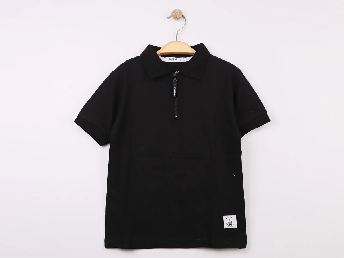 Boys' Zip Polo T-Shirt with Collar - Black (Pack of 4) - Tanem Kids - by Peralane