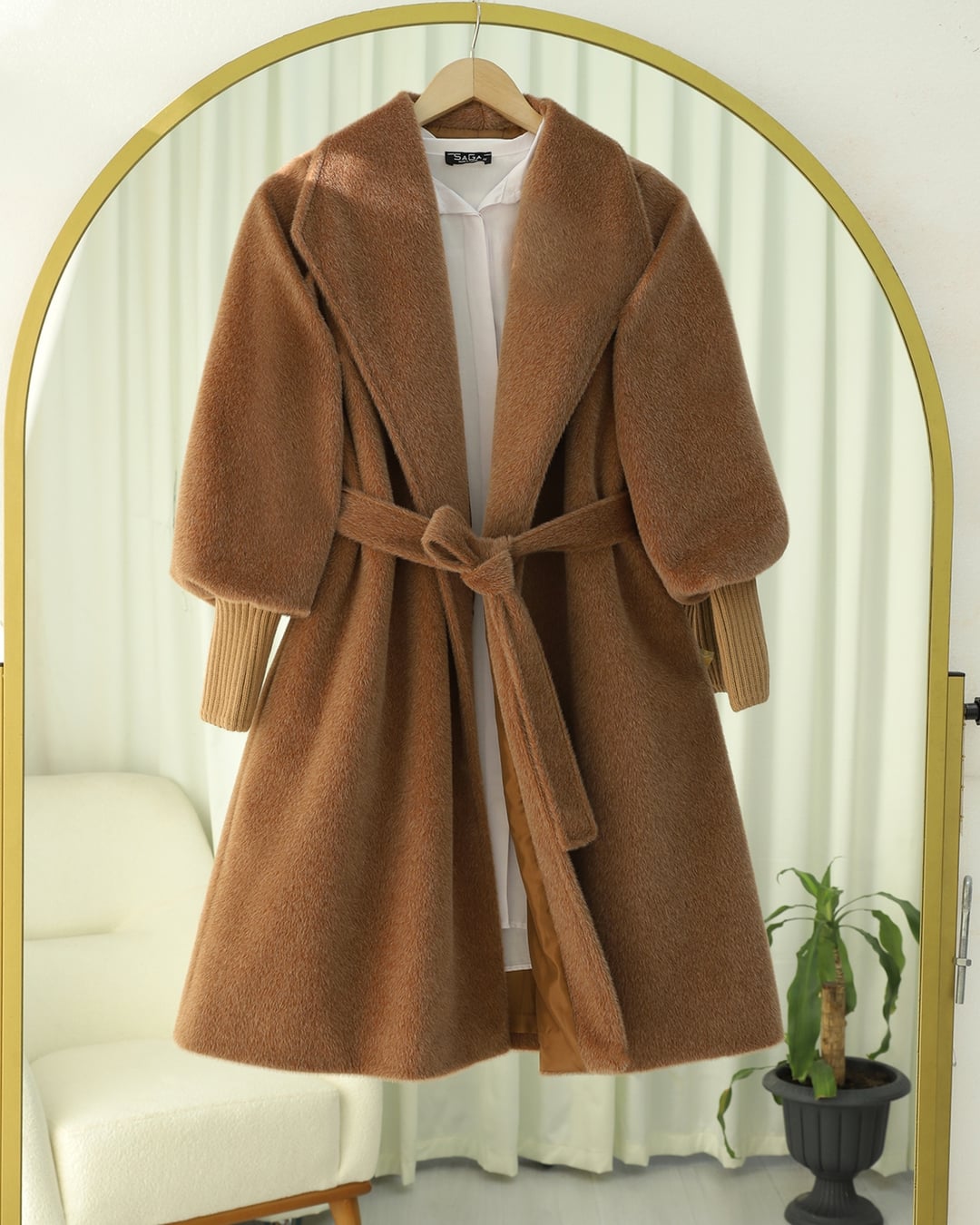 Women's Ribbed-Sleeve Shawl Collar Lined Coat - Tan - Podyumplus - by Peralane - photo 2