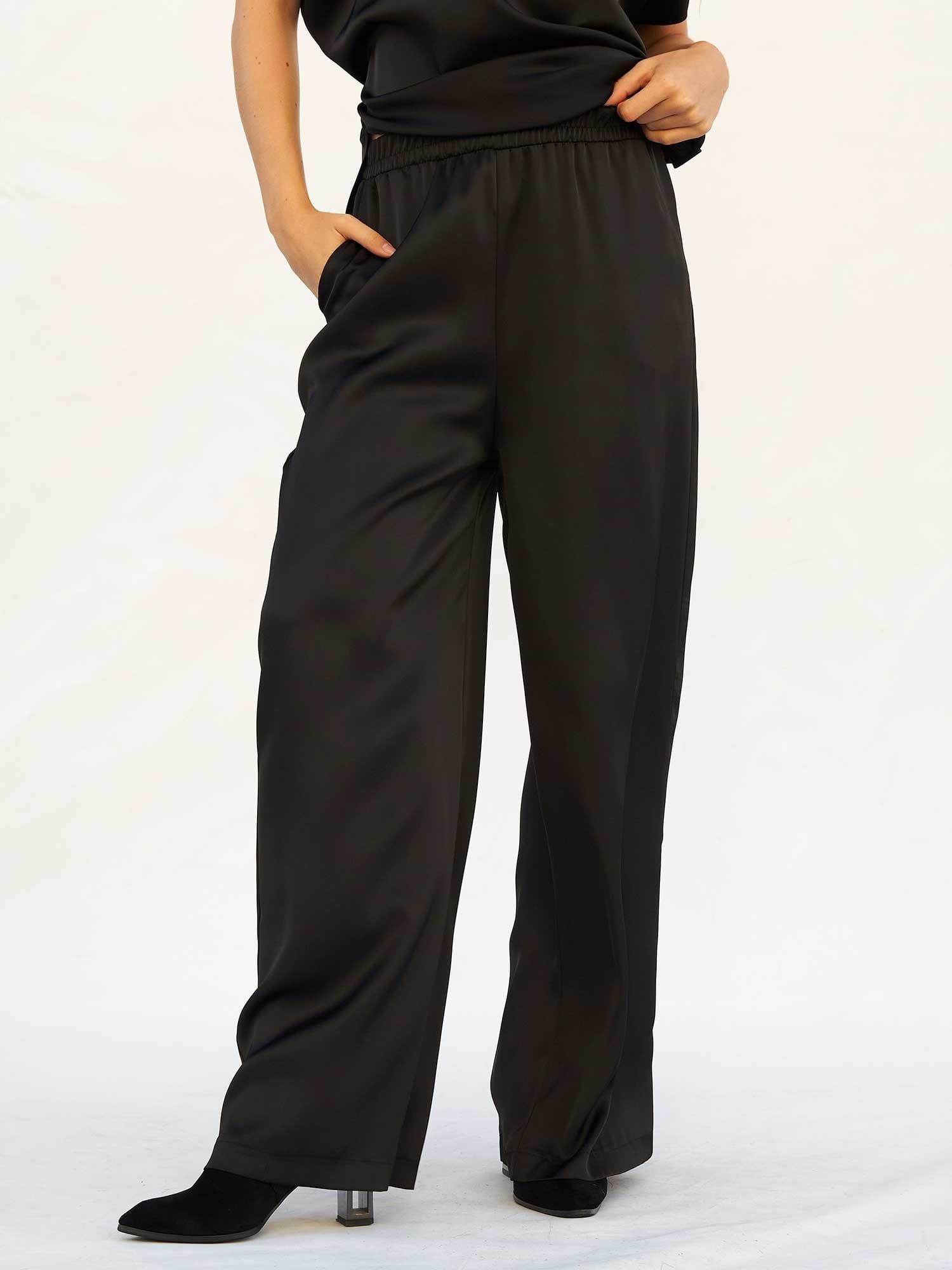 Black Lace-Trimmed Asymmetric Satin Blouse and Wide-Leg Trousers Set - Lefon - by Peralane - photo 6