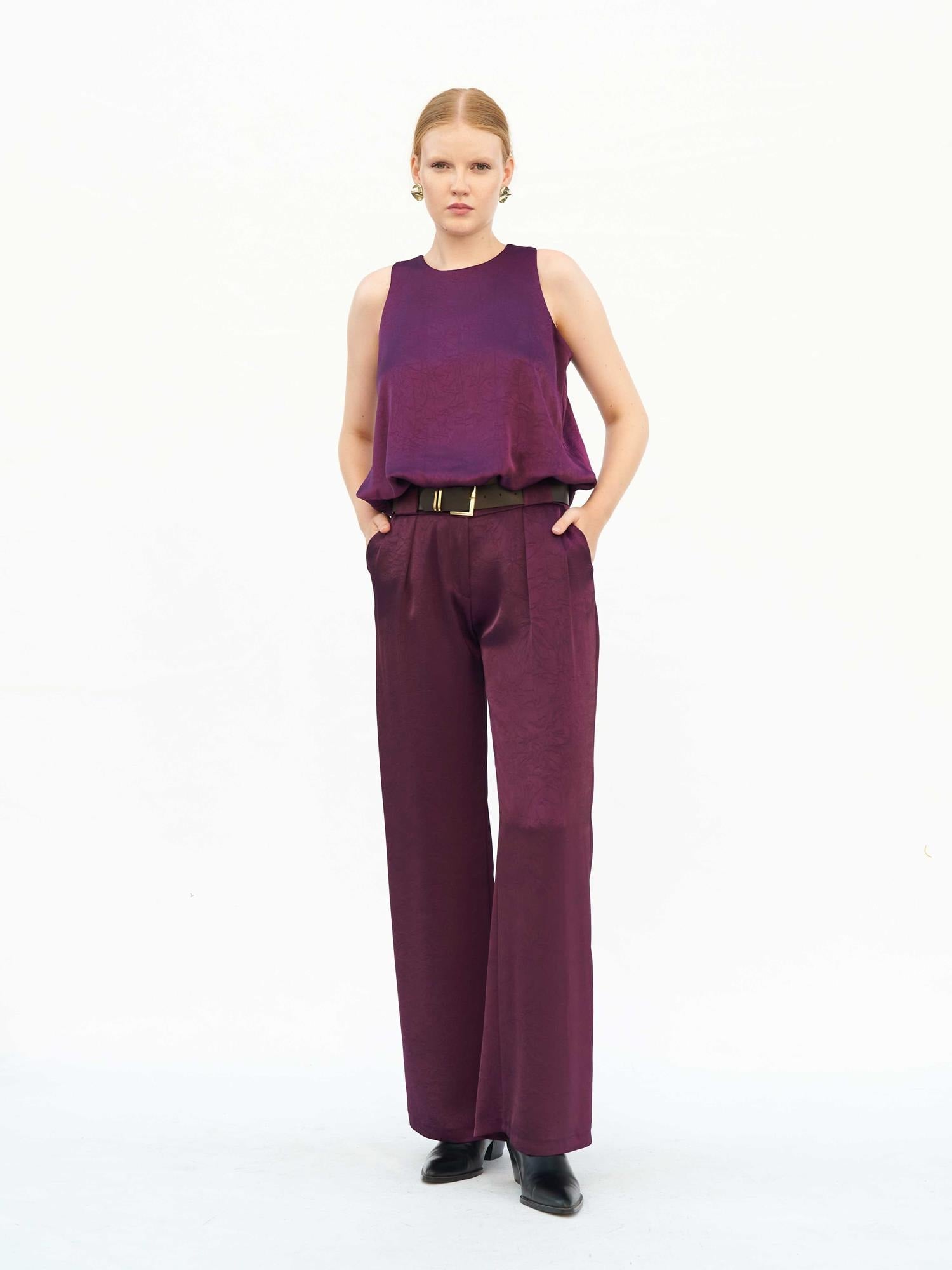 Plum High-Waist Pleated Wide-Leg Trousers with Belt - Lefon - by Peralane - photo 4