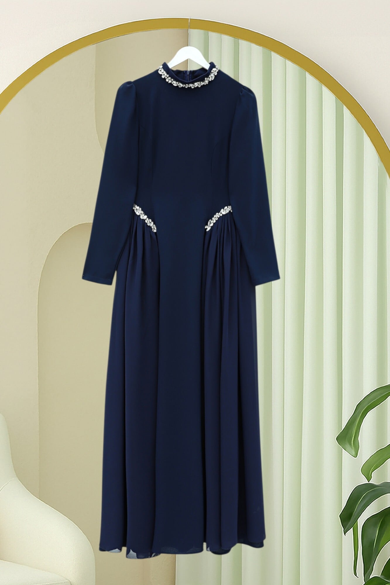 Navy Blue Jeweled Neck and Waist Tulle Detail Lined Crepe Dress - Podyumplus - by Peralane - photo 3