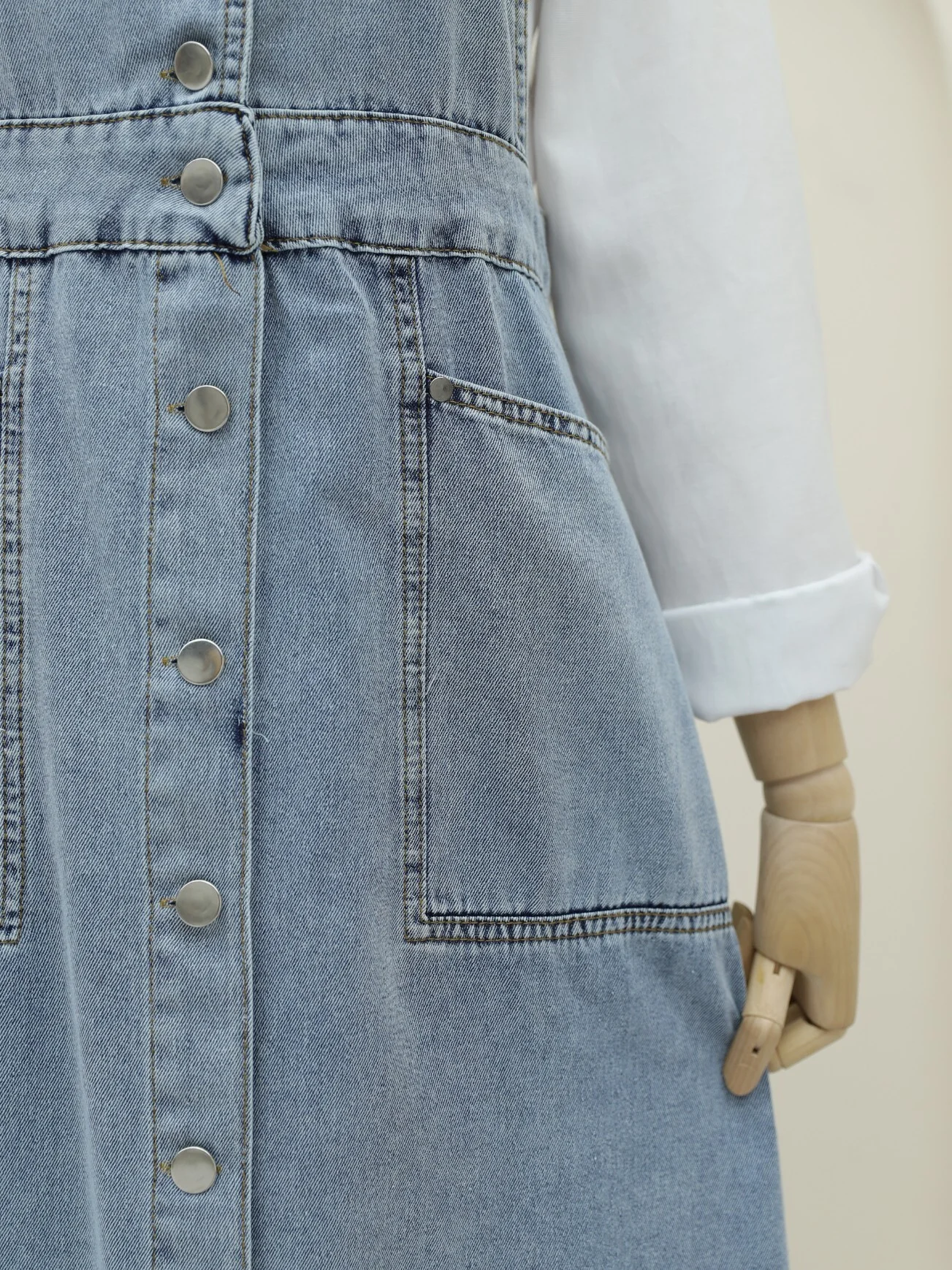Full-Length Button-Front Double-Pocket Denim Overalls - Ice Blue - Podyumplus - by Peralane - photo 6
