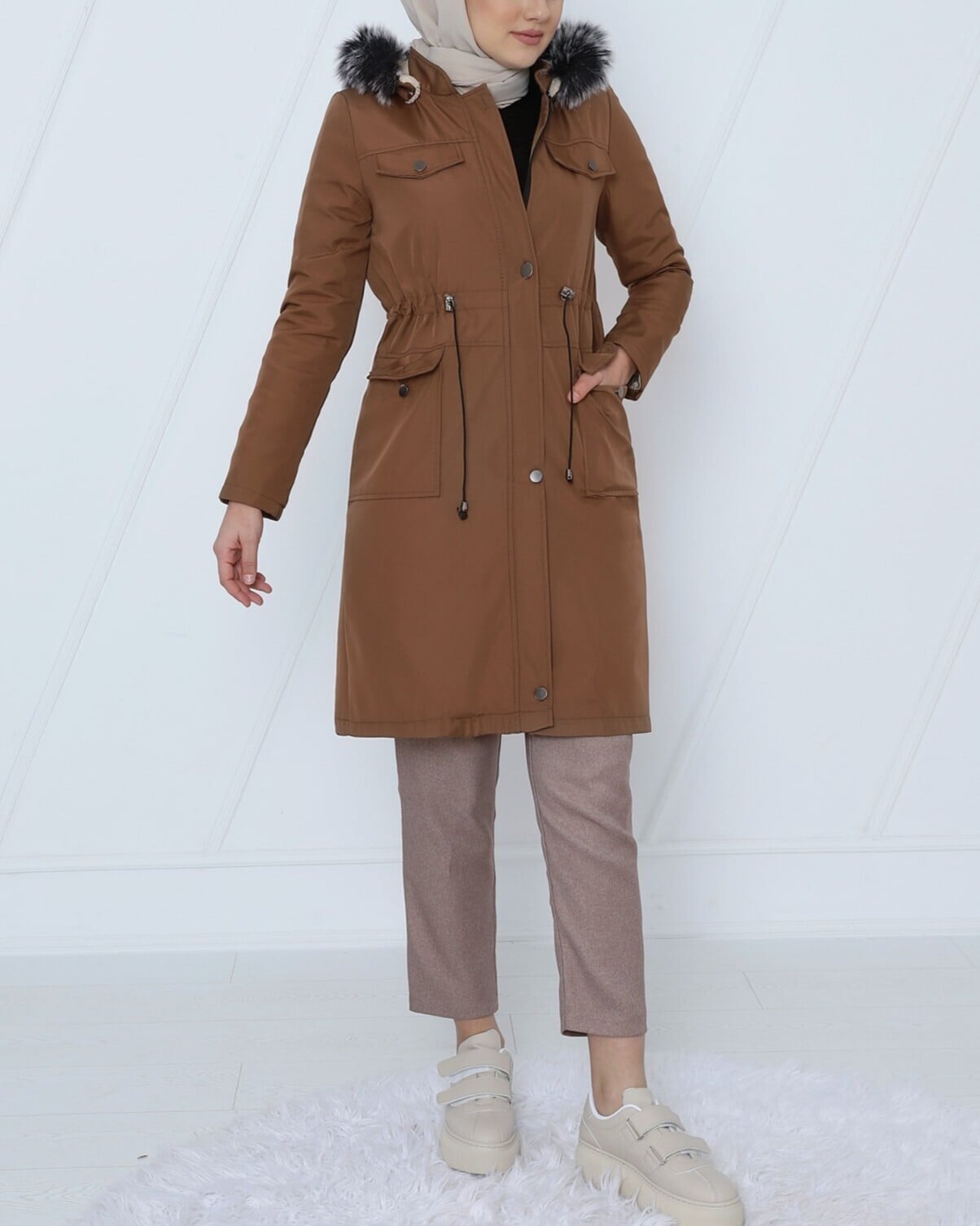 Women's Zip-Up Hooded Drawstring Short Coat - Tan - Podyumplus - by Peralane - photo 4