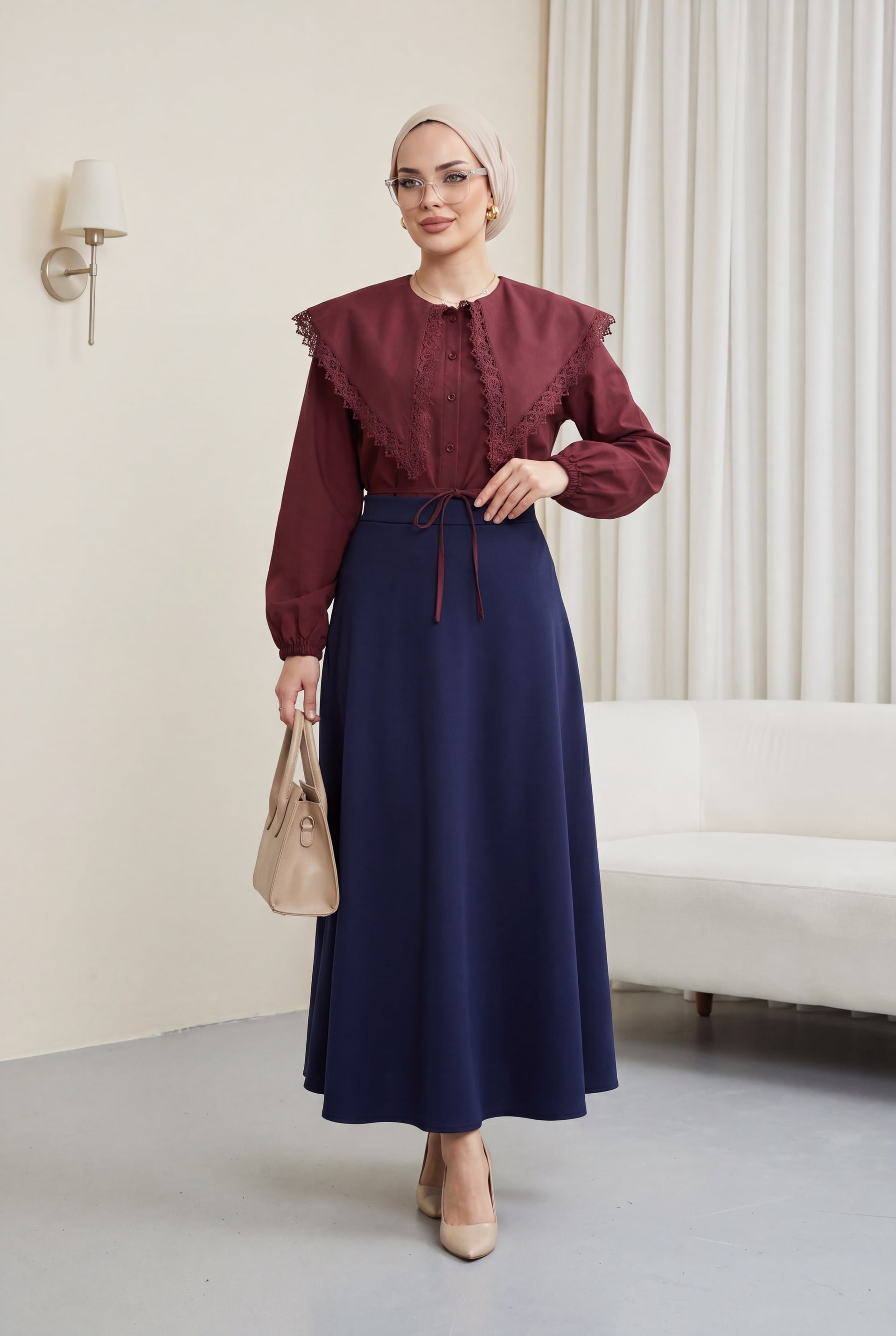 Lace Trim Wide Collar Tie Waist Poplin Blouse - Burgundy - Podyumplus - by Peralane - photo 3