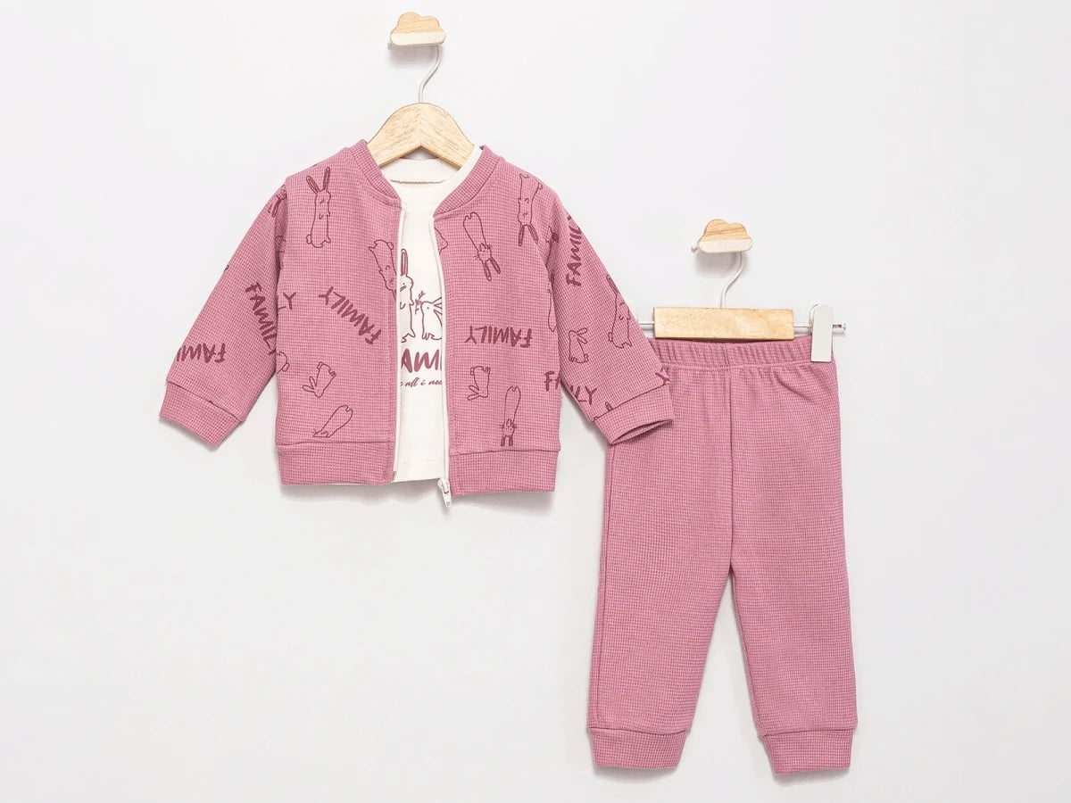 Girls' Baby Tracksuit Set with Zip Jacket, T-Shirt and Trousers - Dusty Rose - Feely Kids - by Peralane