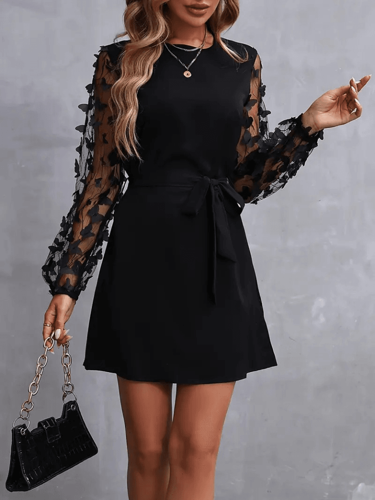 Women's Long Sleeve Crepe Dress with Butterfly Tulle Details and Belt - Janes - by Peralane - photo 2