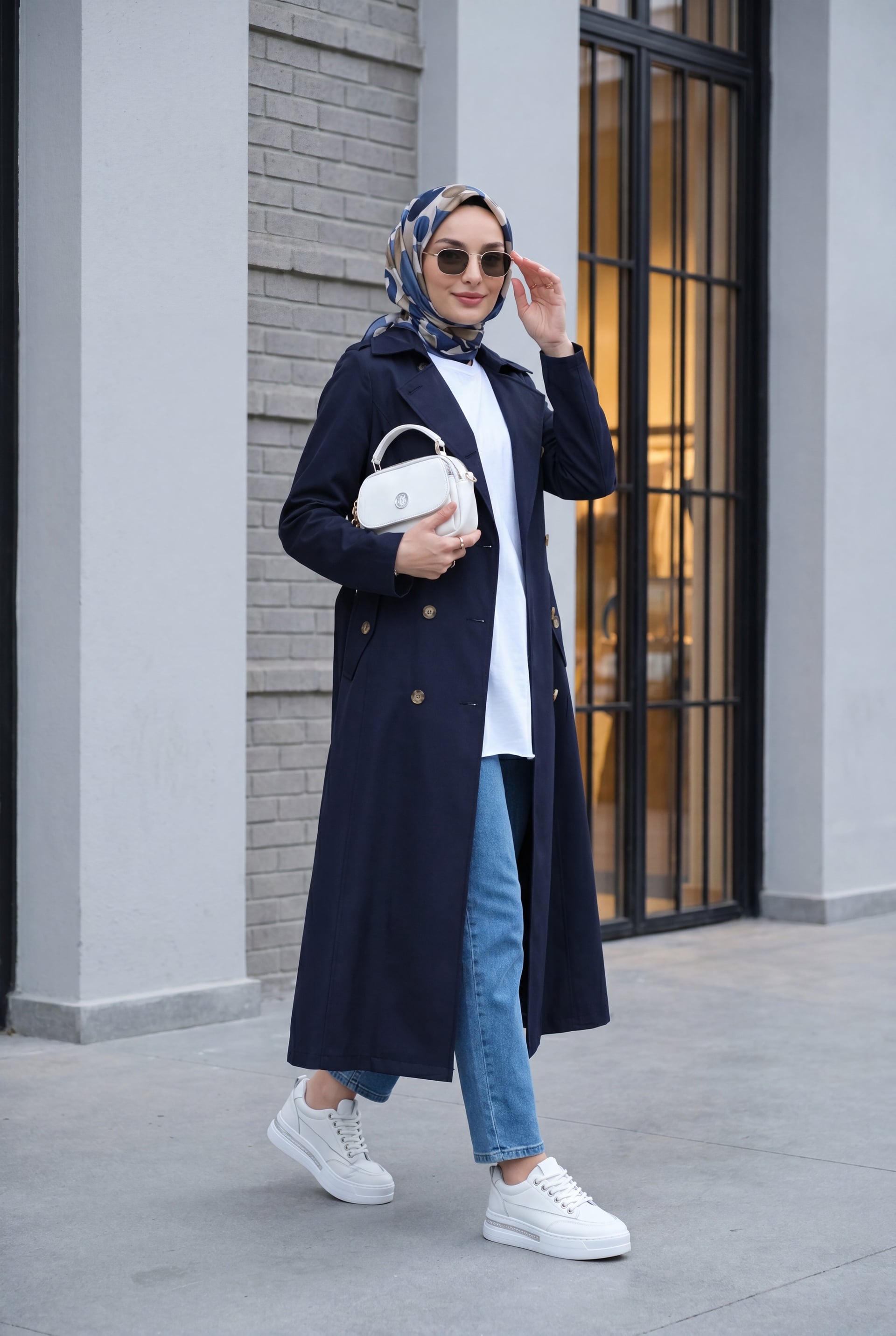 Double-Breasted Belted Trench Coat - Navy - Podyumplus - by Peralane