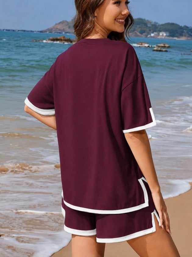 Women's Short-Sleeve Crew Neck Striped Detail Viscose Two-Thread Blouse and Shorts Set - Janes - by Peralane - photo 3
