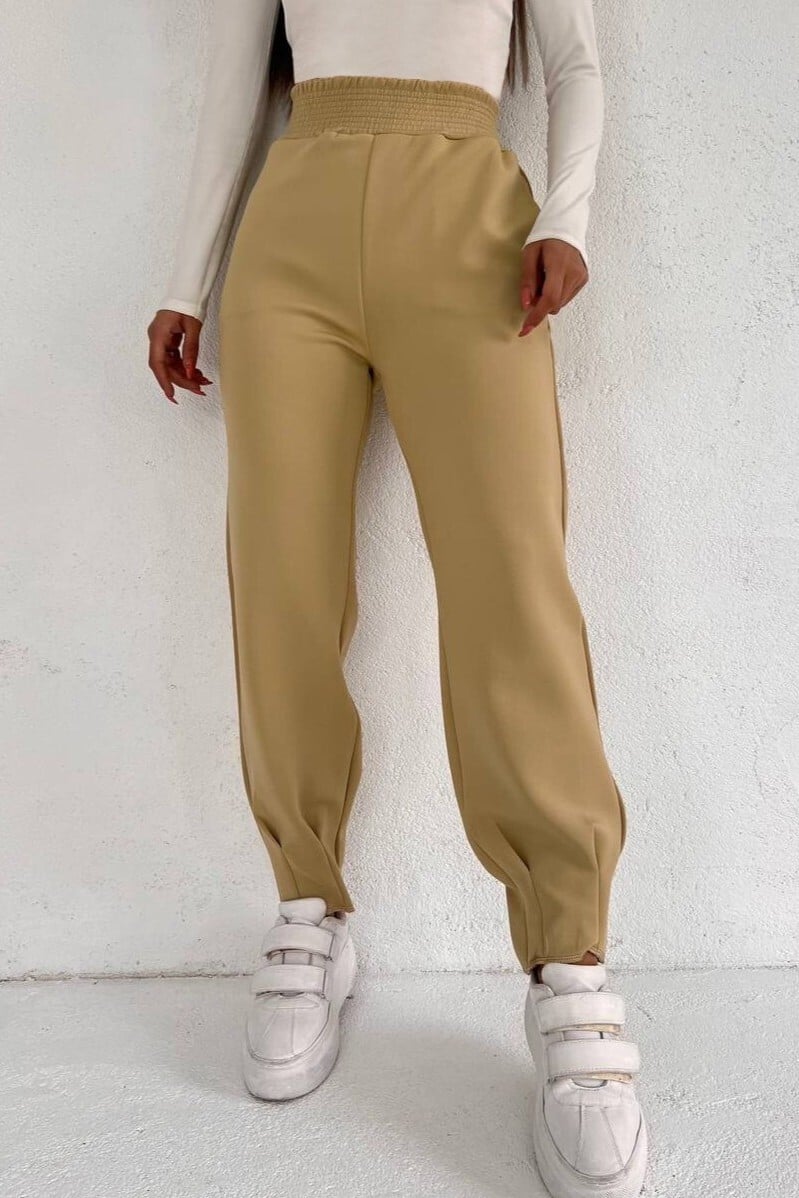 Elasticated Waistband Stitched Hem Cargo Pocket Trousers - Light Beige - Podyumplus - by Peralane - photo 3