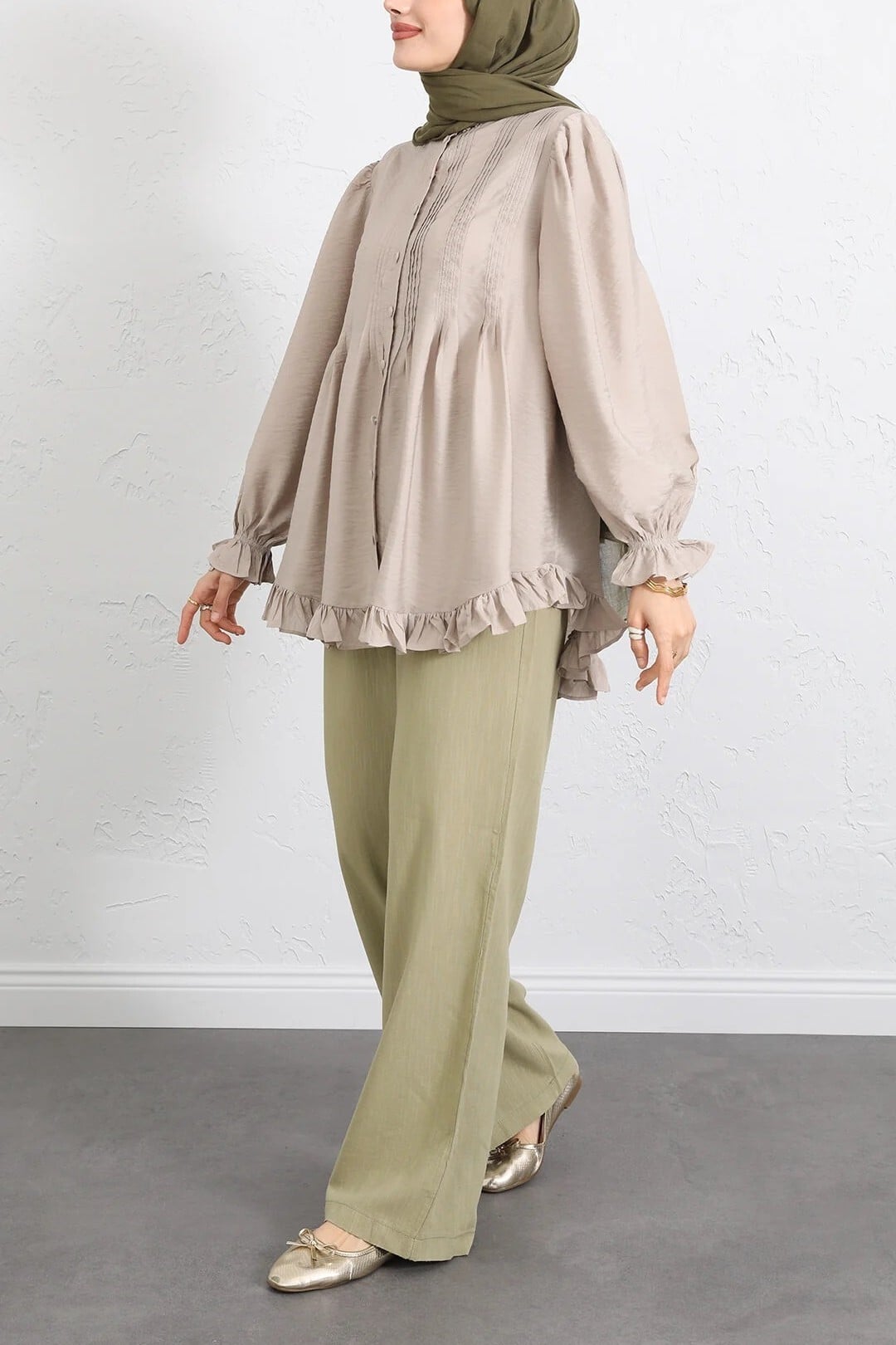 Beige Ribbed Cupro Tunic with Puff Sleeves and Drawstring Waist - Podyumplus - by Peralane - photo 6