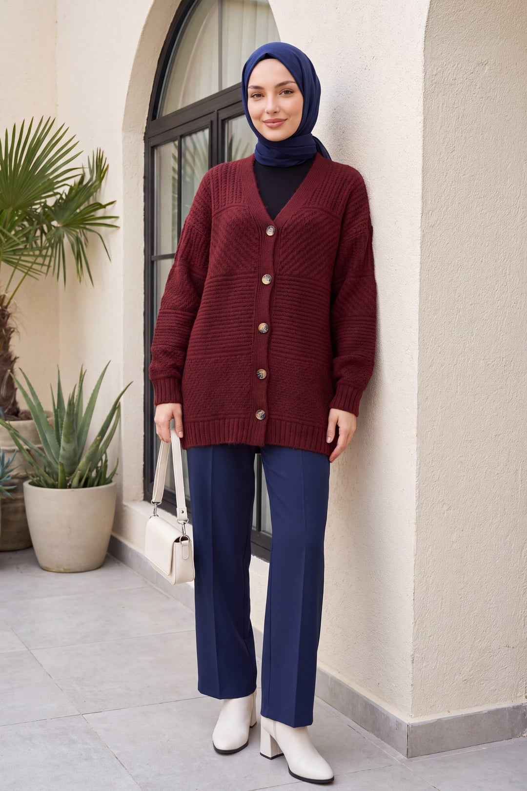 Button-Front V-Neck Relaxed Knit Cardigan - Burgundy - Podyumplus - by Peralane - photo 4