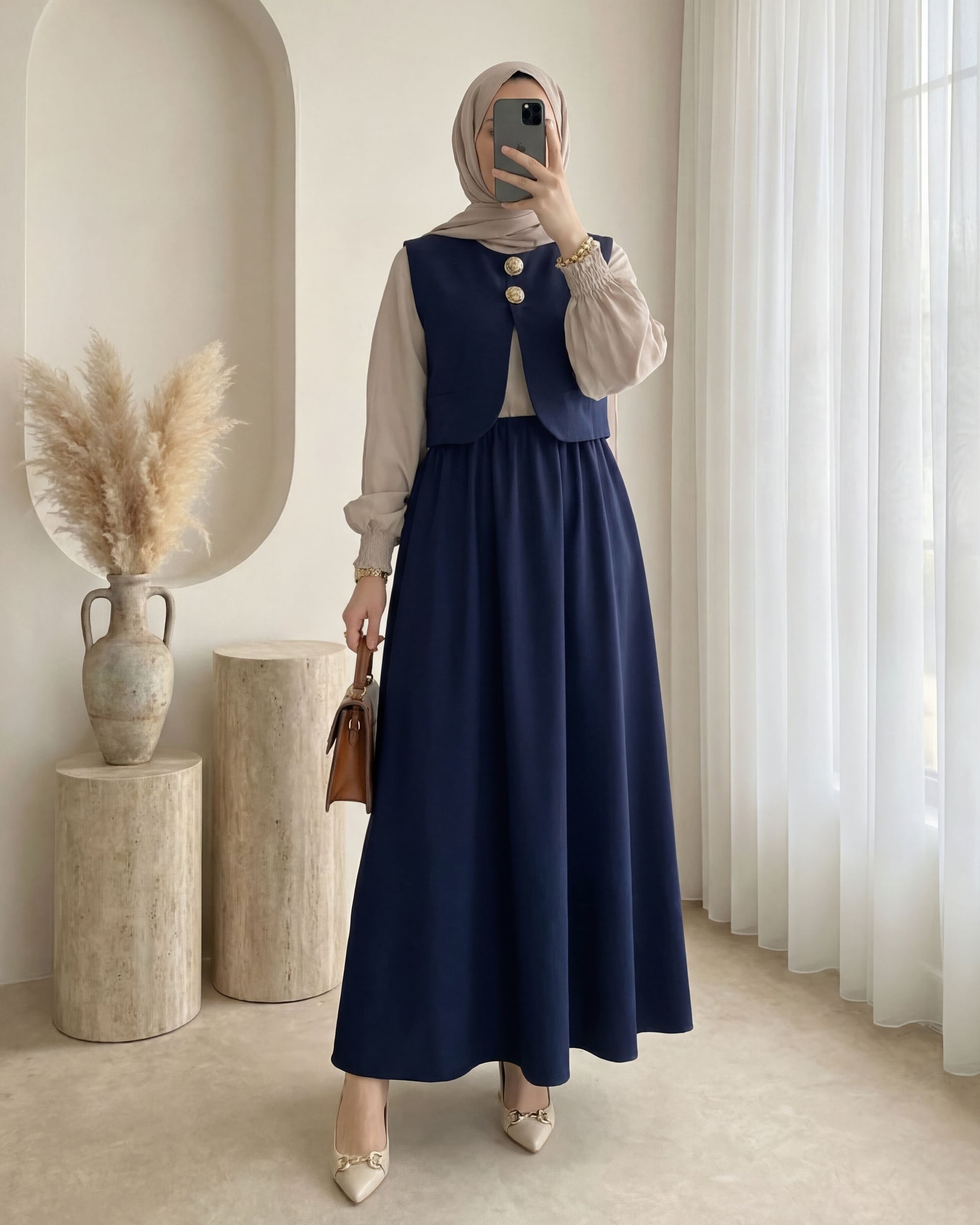 Half-Buttoned Vest Dress Set with Elastic Waist and Maxi Skirt - Navy Blue - Podyumplus - by Peralane - photo 3