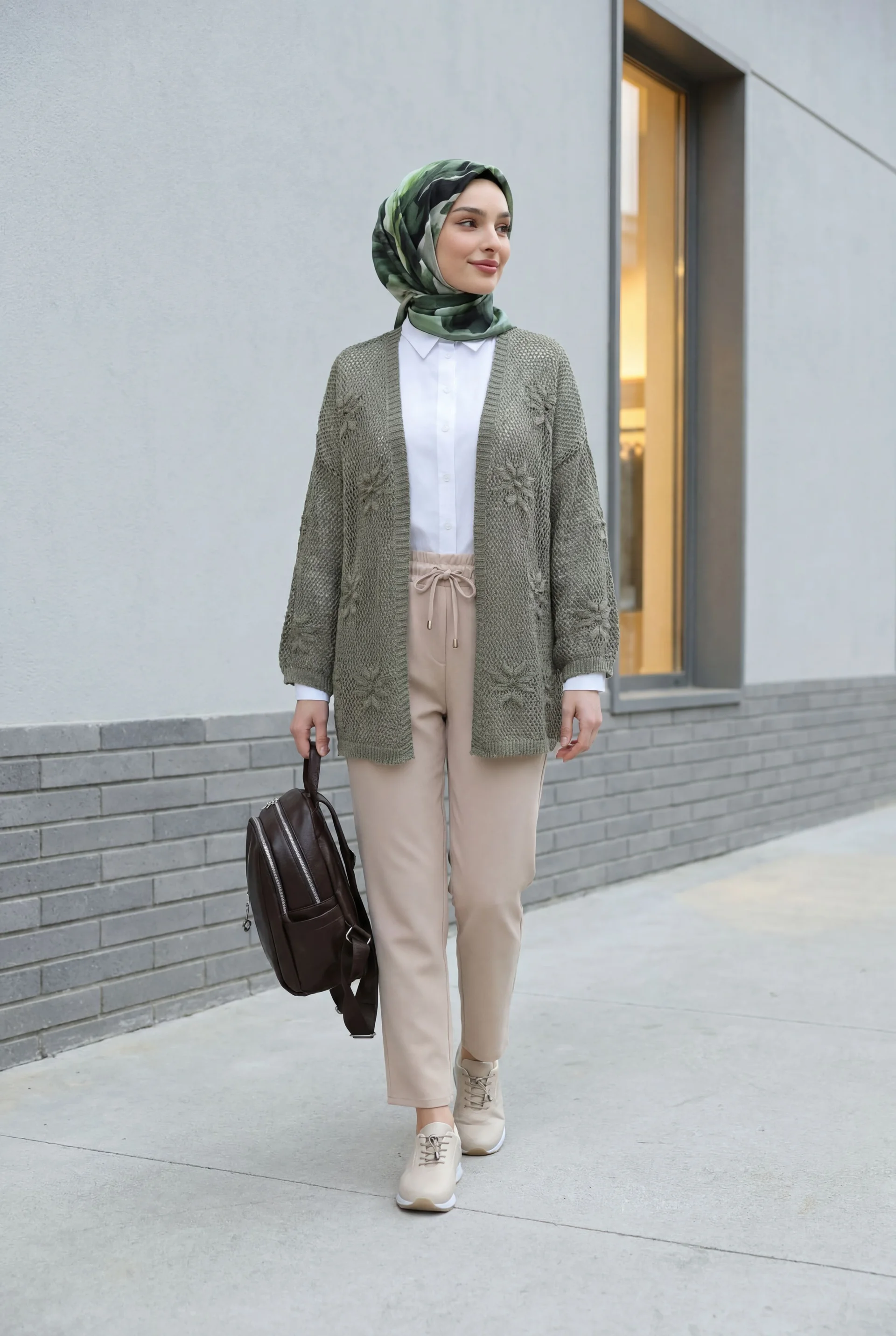 Floral Open-Knit Cardigan - Olive Green - Podyumplus - by Peralane - photo 5