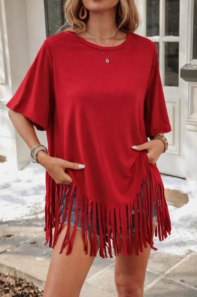 Women's Red Short-Sleeve Fringed Hem Viscose Blouse - Janes - by Peralane - photo 2