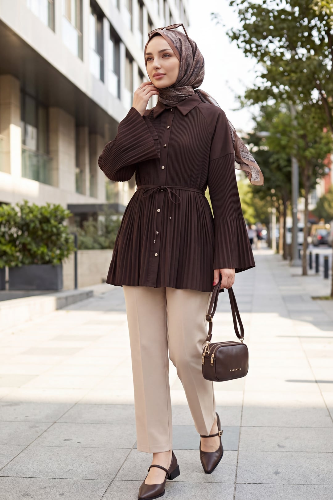 Belted Stone-Button Pleated Poplin Tunic - Brown - Podyumplus - by Peralane - photo 4
