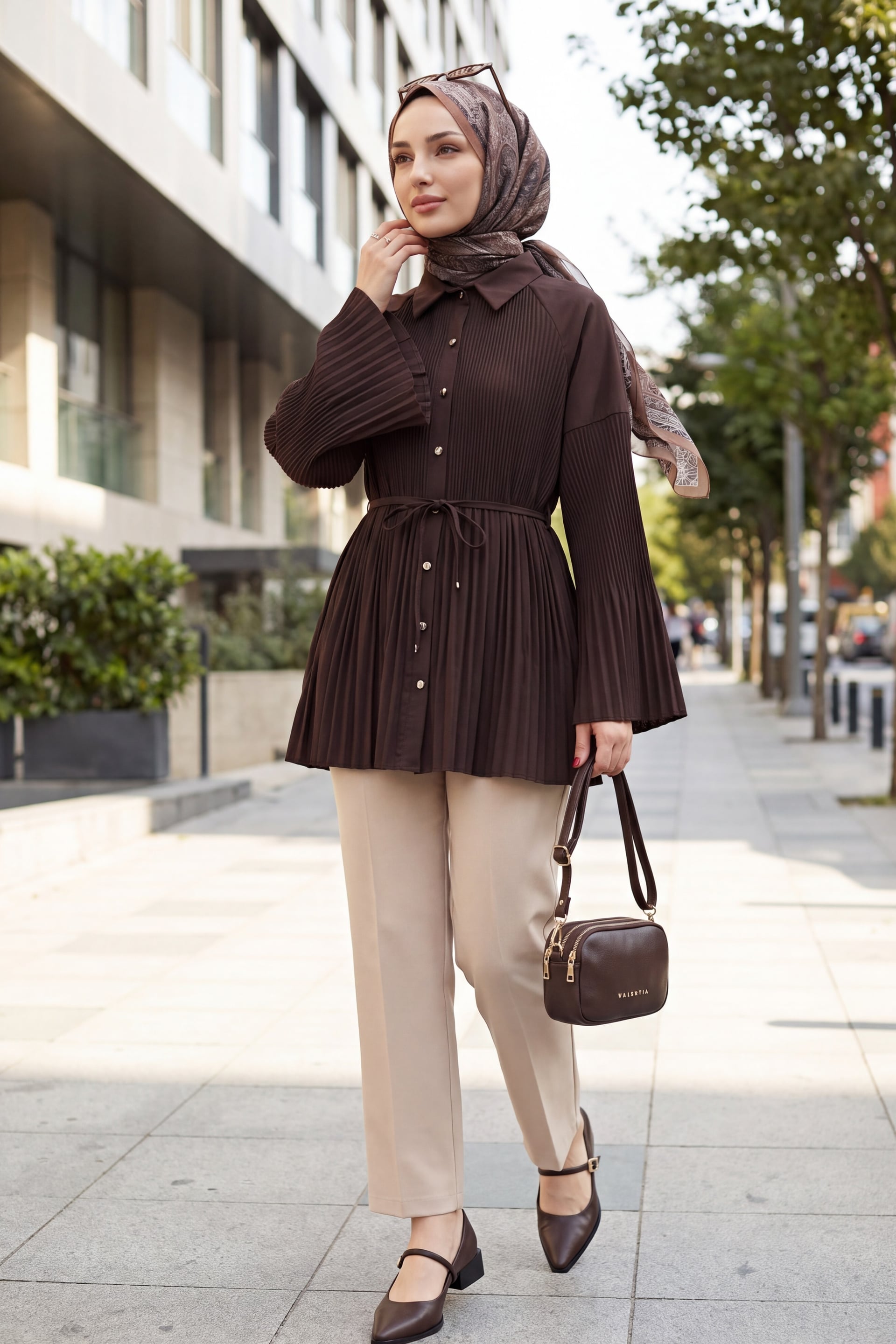 Belted Stone-Button Pleated Poplin Tunic - Brown - Podyumplus - by Peralane - photo 4