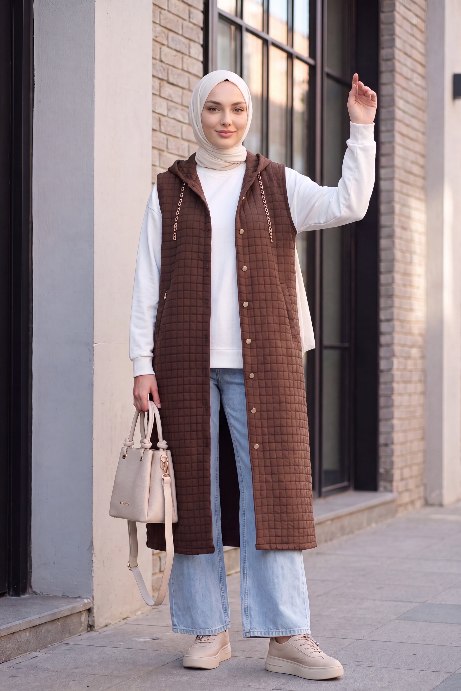 Long Quilted Hooded Vest with Full-Length Buttons - Dark Brown - Podyumplus - by Peralane - photo 2