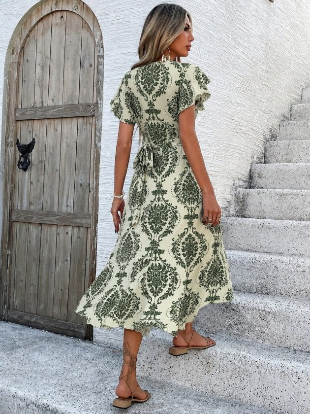 Women's Short Sleeve Wrap Neck Tie Waist Printed Suprem Midi Dress - Janes - by Peralane - photo 2