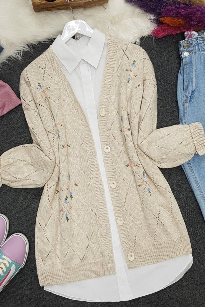 Ajour Floral Embroidered Buttoned Knit Cardigan - Stone - Podyumplus - by Peralane - photo 6