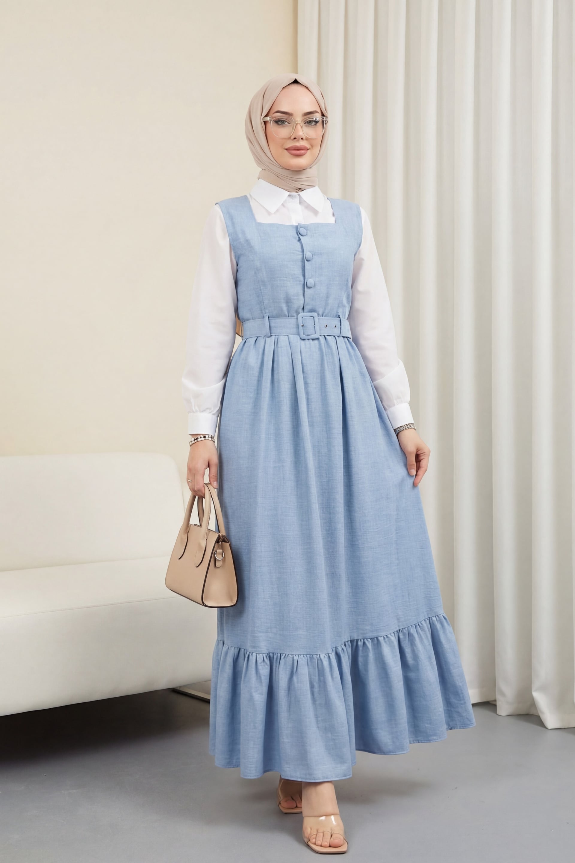 Top Button Shirt and Pinafore Dress Set - Baby Blue - Podyumplus - by Peralane