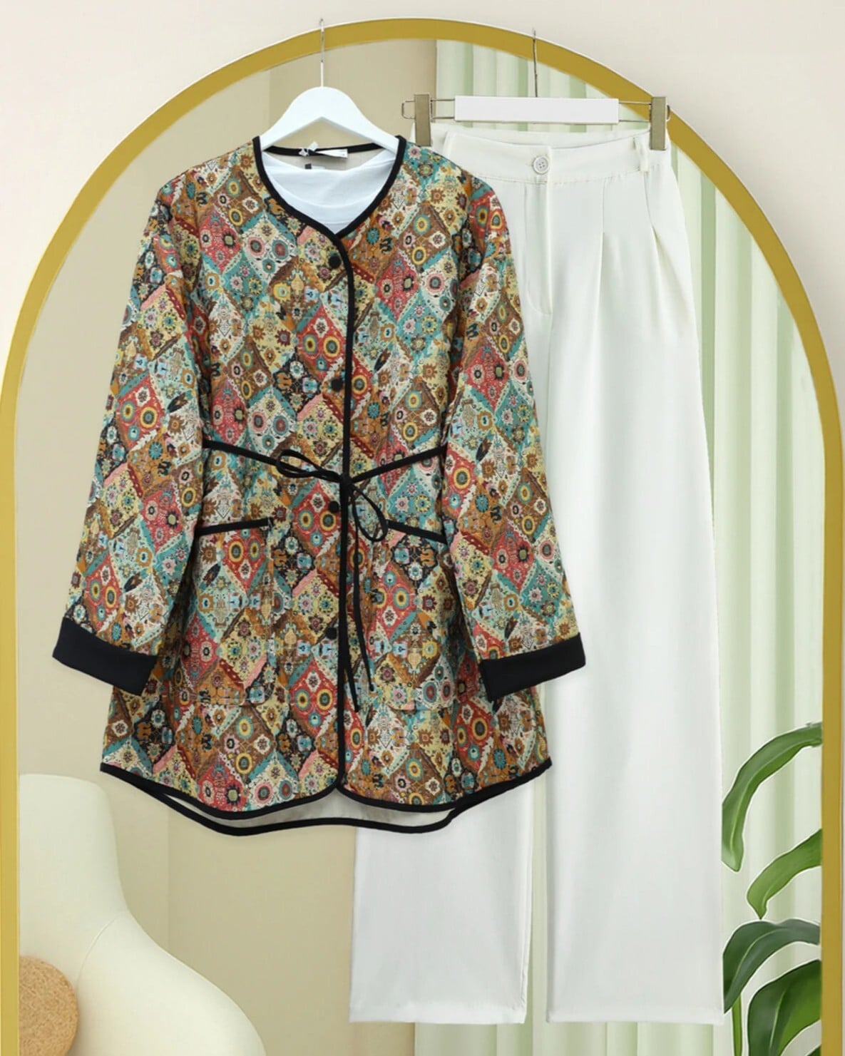 Ethnic Print Jacket with Folded Sleeves and Tie Waist - Women's - Podyumplus - by Peralane - photo 2