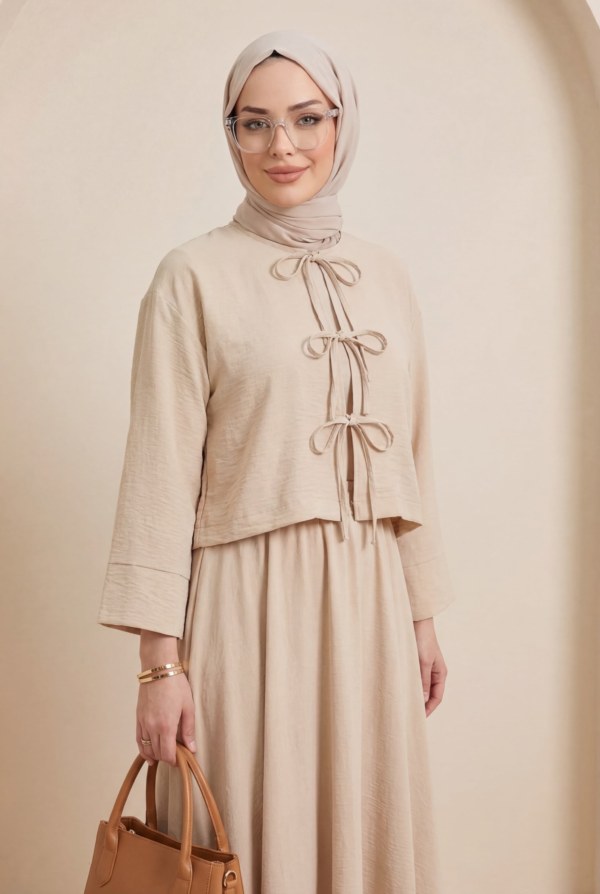 Beige Linen Look Two-Piece Set with Tie Front and Elasticated Waist Skirt - Podyumplus - by Peralane - photo 4