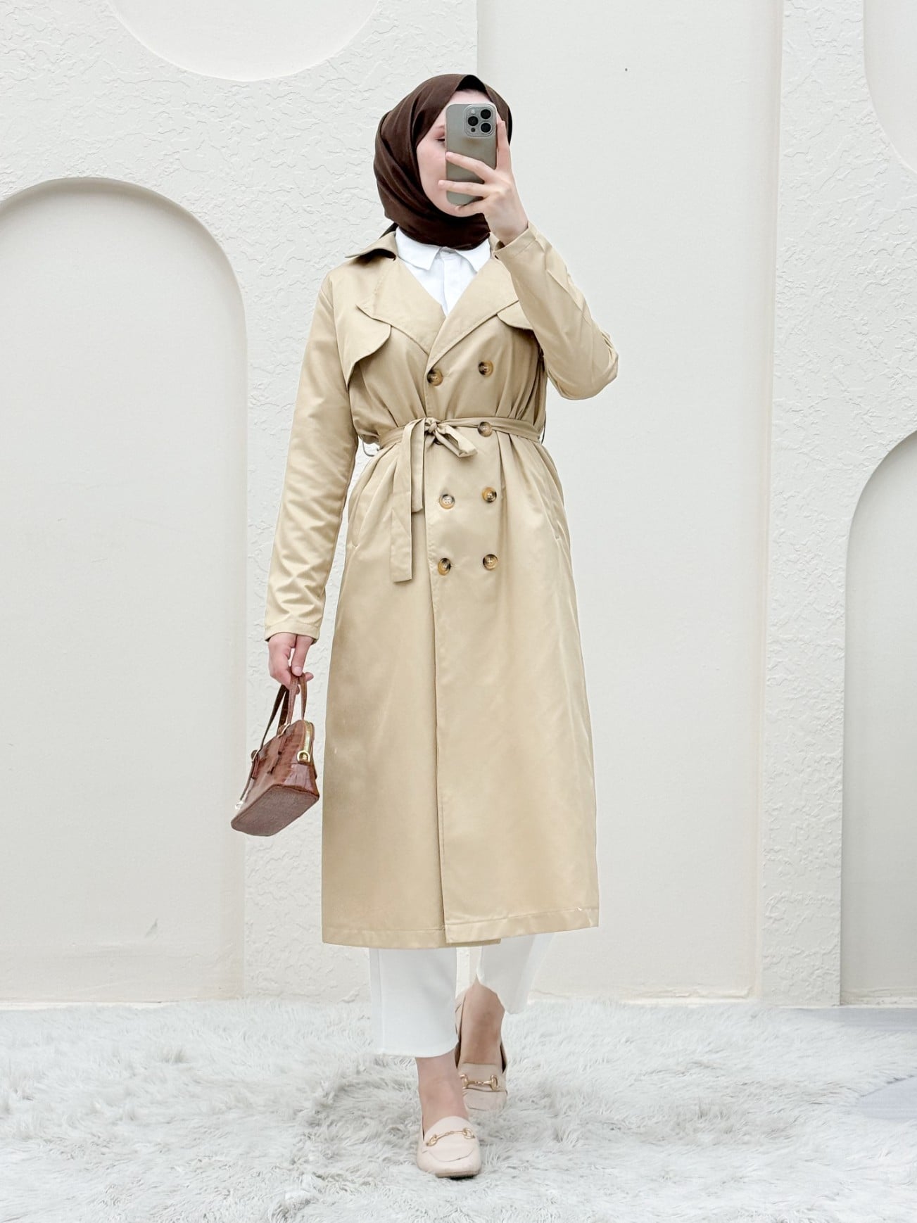 Beige Double-Breasted Trench Coat with Shawl Collar and Tie Belt - Podyumplus - by Peralane