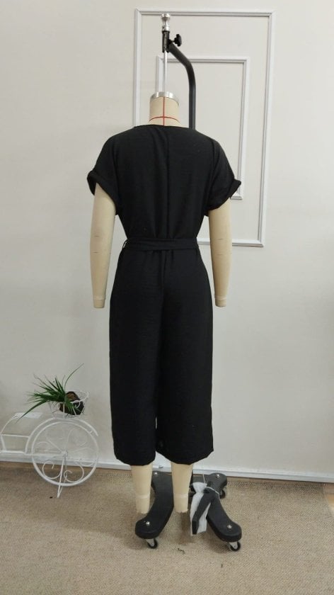 Women's Short Sleeve V-Neck Button-Front Belted Long Jumpsuit with Pockets - Janes - by Peralane - photo 5