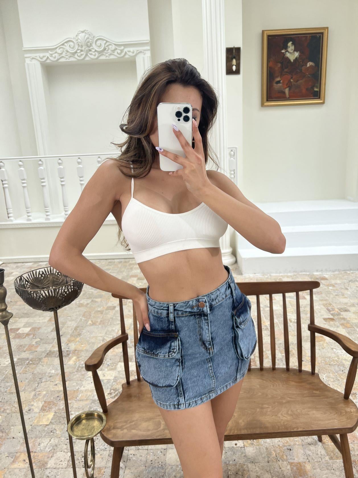 Women's Light Blue Denim Low Waist Skirt with Cargo Pockets - Fame - by Peralane - photo 5