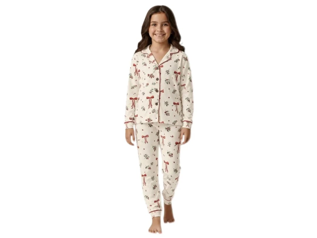 Girl's Pajama Set with Bow Print - Cream - Supermini - by Peralane