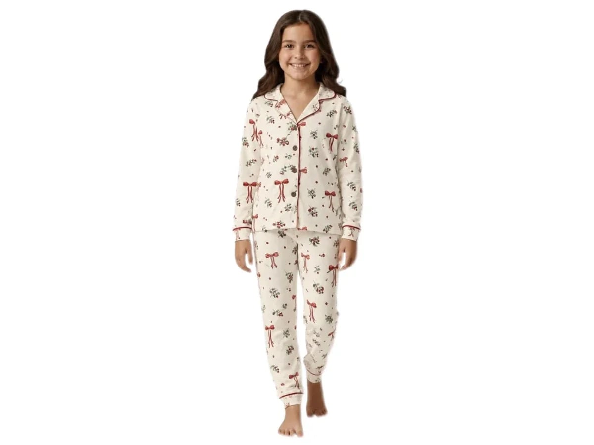 Girl's Pajama Set with Bow Print - Cream - Supermini - by Peralane