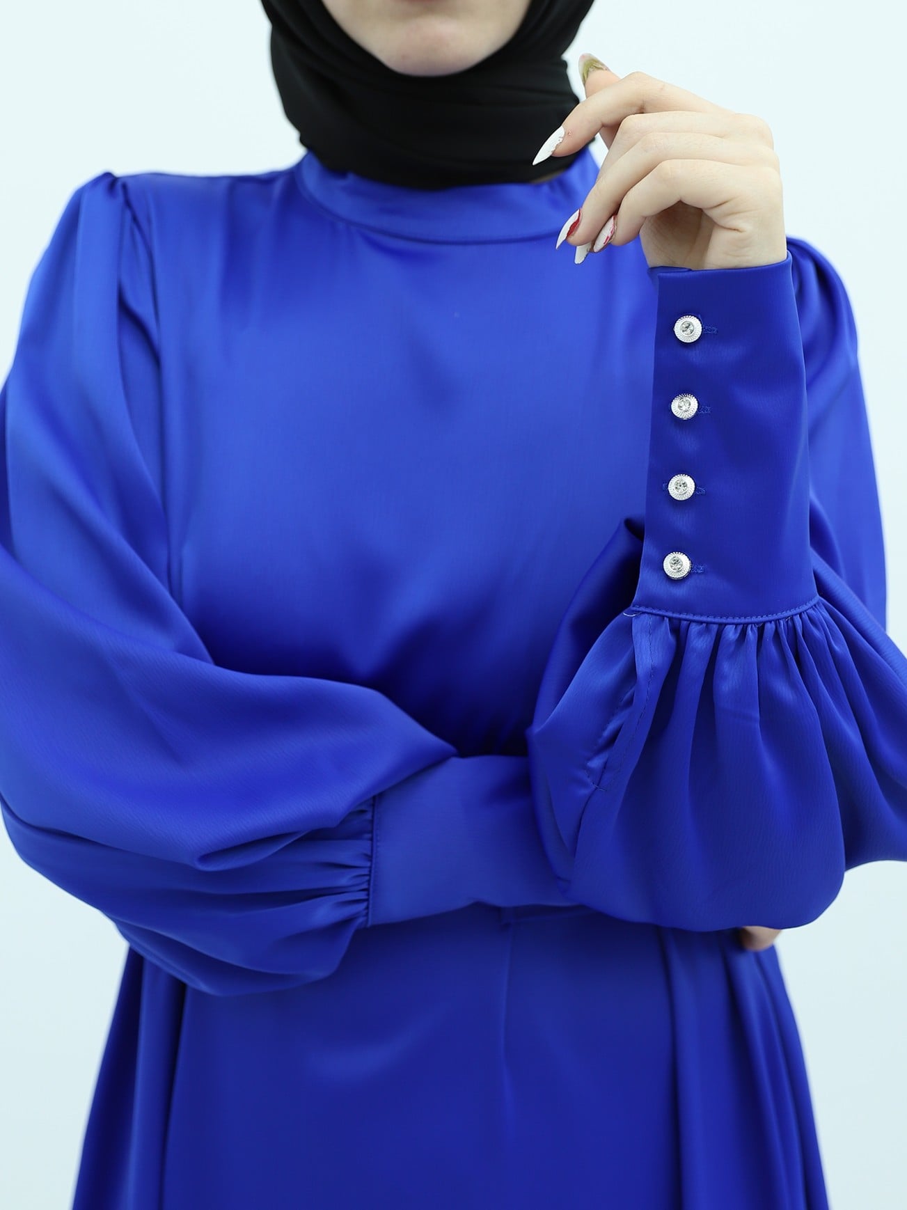 Long Cuffed Satin Balloon Sleeve Dress with Waist Tie - Royal Blue - Podyumplus - by Peralane - photo 5