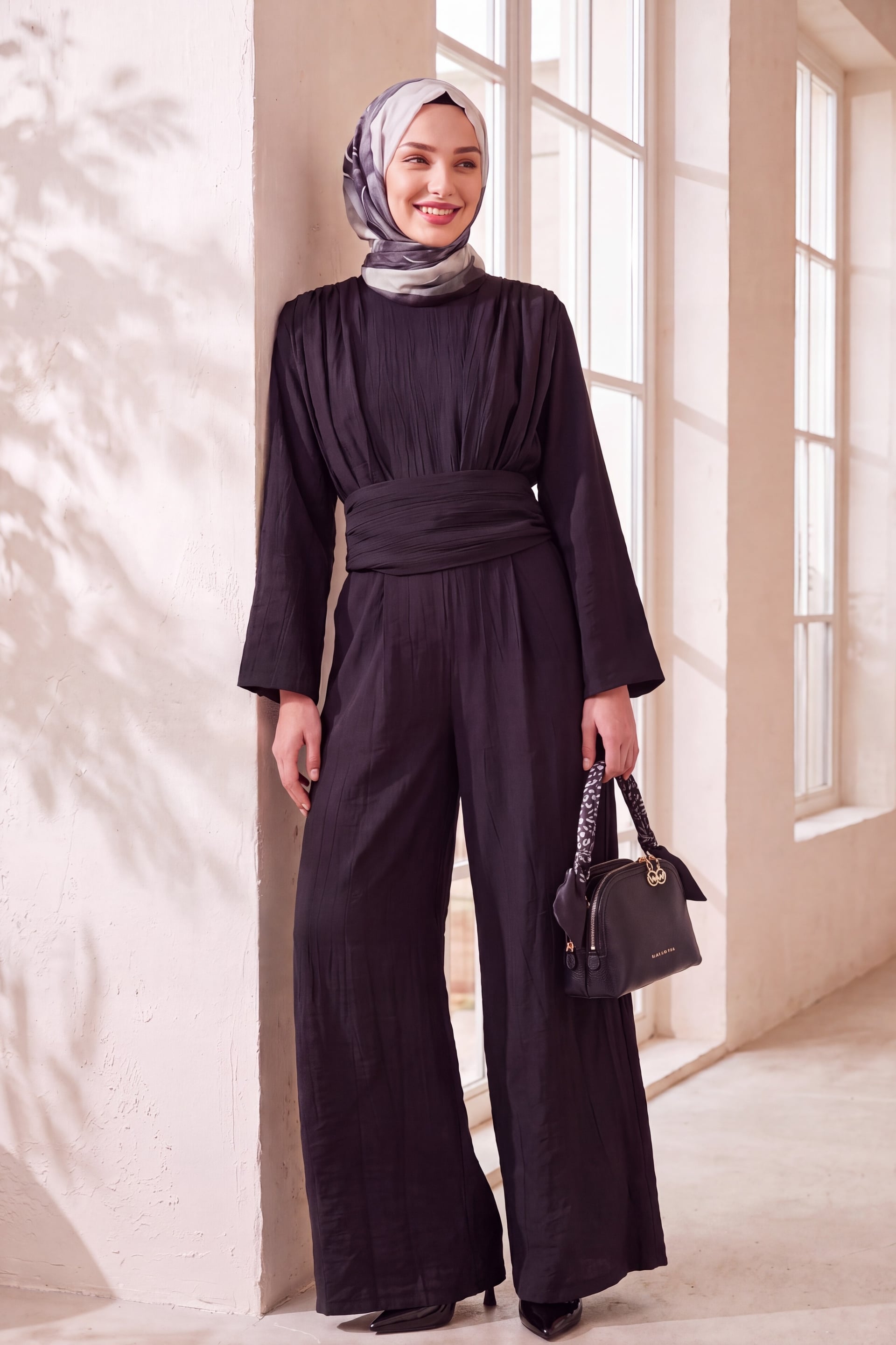 High Neck Pleated Detail Pocketed Belted Jumpsuit - Black - Podyumplus - by Peralane - photo 2