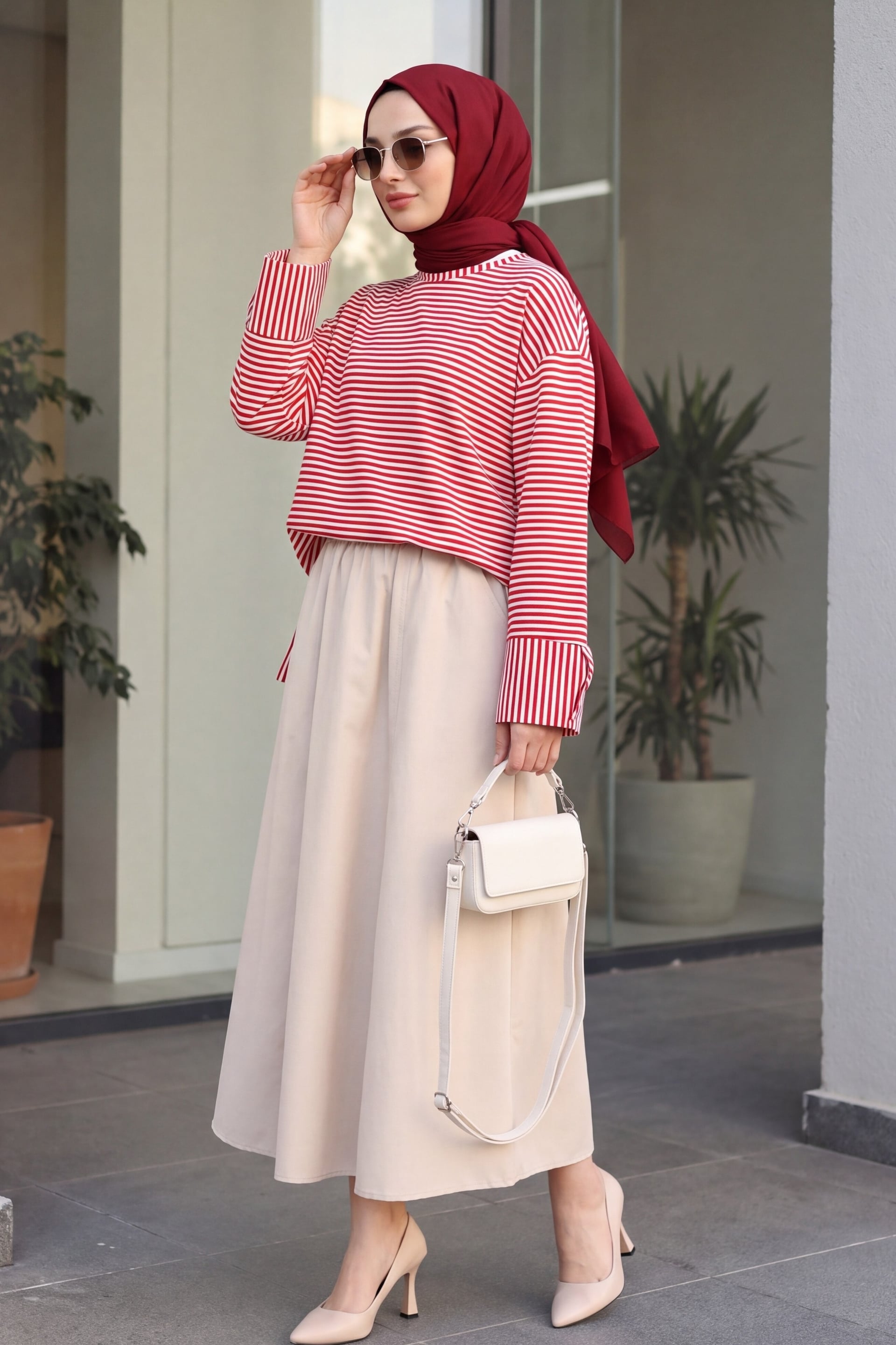 Red Striped Viscose Sweatshirt with Crew Neck and Side Slits - Podyumplus - by Peralane - photo 2