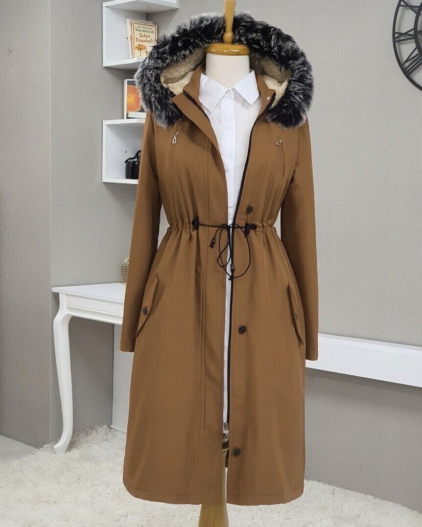 Women's Hooded Drawstring Waist Coat in Tan - Podyumplus - by Peralane - photo 2