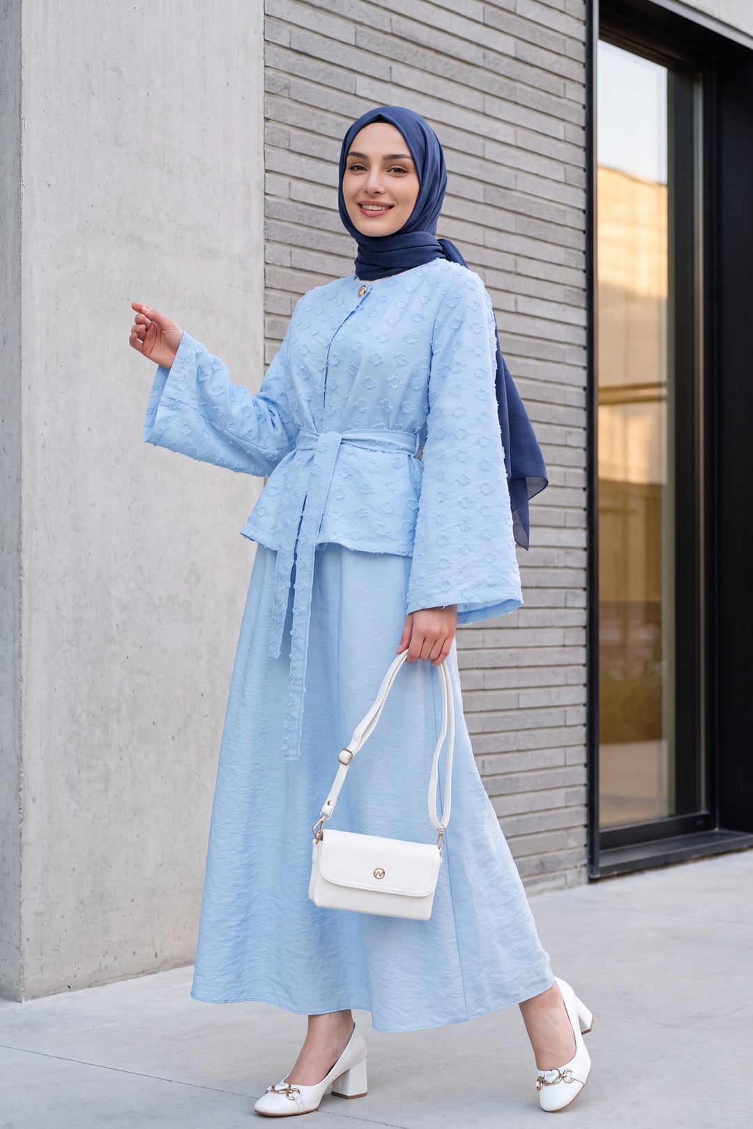 One-Button Belted Skirt Set with Pockets in Raised Jacquard Pattern - Baby Blue - Podyumplus - by Peralane - photo 2