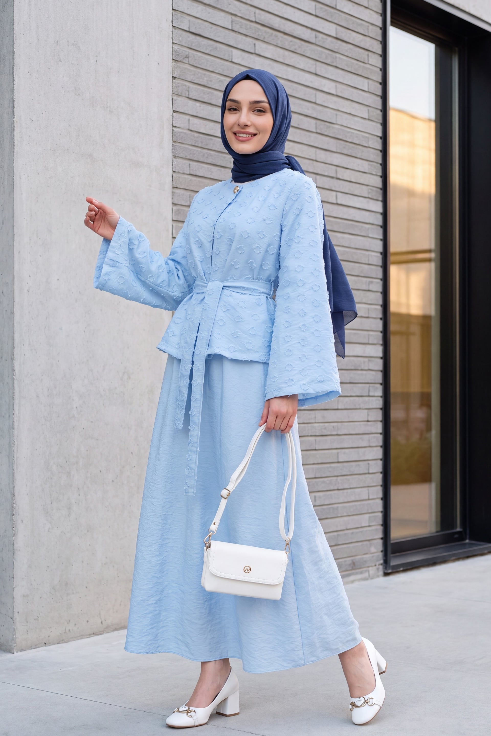 One-Button Belted Skirt Set with Pockets in Raised Jacquard Pattern - Baby Blue - Podyumplus - by Peralane - photo 2