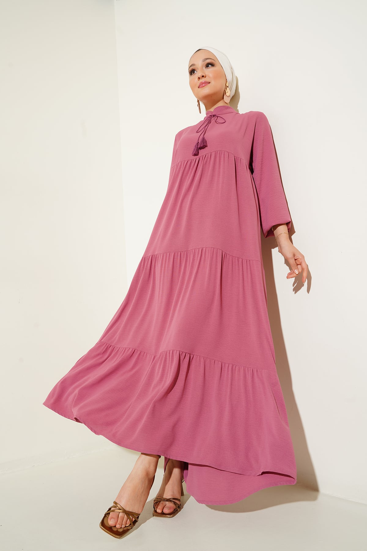 T1627 Tie Neck Long Dress - Dusty Pink - Bigdart - by Peralane - photo 3