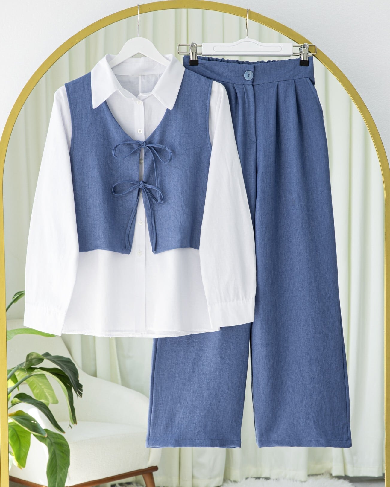 Indigo Two-Piece Linen Look Tie-Front Vest and Wide-Leg Trousers Set - Podyumplus - by Peralane - photo 3